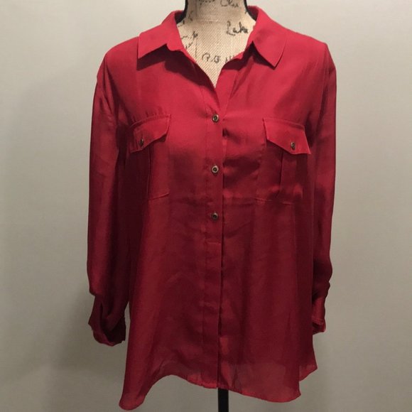 {Chico’s} Satin Red Button Down Roll Tab Blouse - Picture 2 of 6
